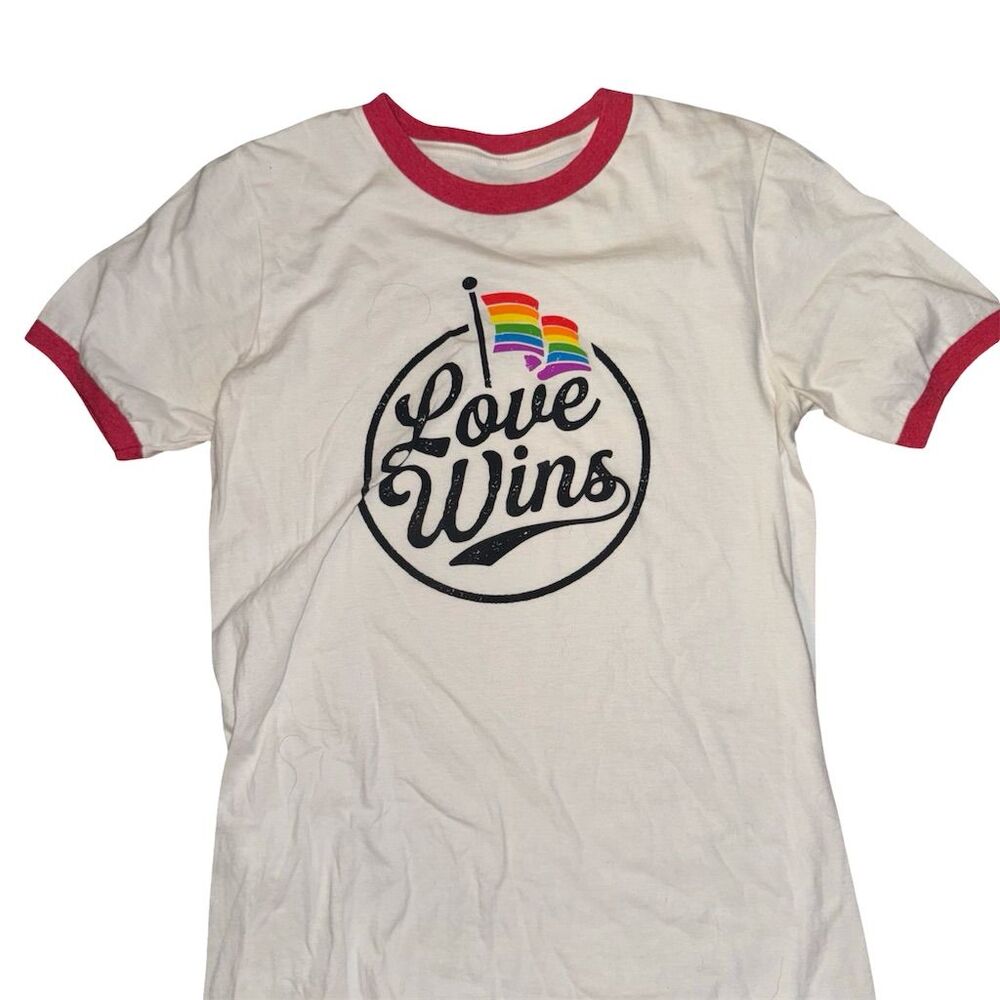 Well Worn "Love Wins" Unisex Ringer Tee White Pride LGBTQ+ Size S